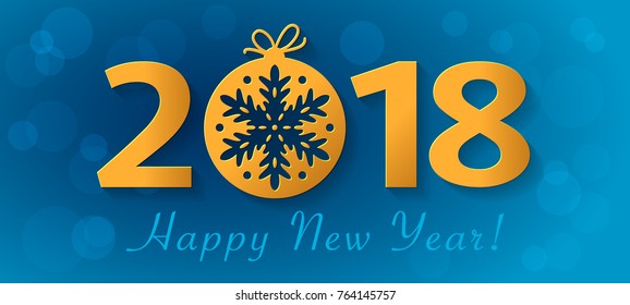 2018 Happy New Year design with golden christmas ball with snowflake. Vector blue greeting illustration