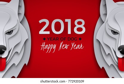 2018 happy new year design, with couple head of dog, symbol of the year, congratulation text. Celebration red background for banner, poster, flyer, paper cut out art style, vector illustration