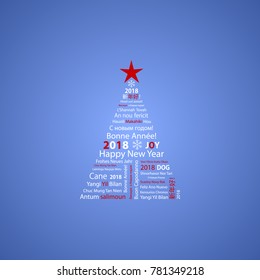 2018 Happy New Year in a different languages, greeting card in the shape of a Christmas tree