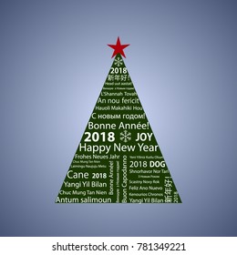 2018 Happy New Year in a different languages, greeting card in the shape of a Christmas tree  