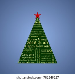 2018 Happy New Year in a different languages, greeting card in the shape of a Christmas tree