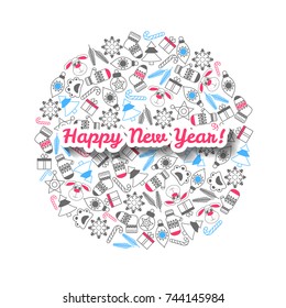 2018 Happy New Year of Dog greeting card. Colorful holiday icons in round shape on white. Cute puppies and paw prints, Christmas trees and candy canes. Winter seasonal decorations.Vector illustration 
