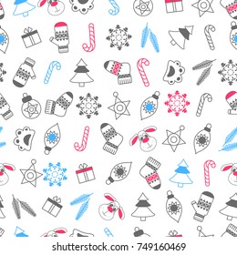 2018 Happy New Year of Dog seamless pattern. Colorful holiday icons on white. Cute puppies and paw prints, Christmas trees and candy canes. Winter seasonal decorations.Vector illustration