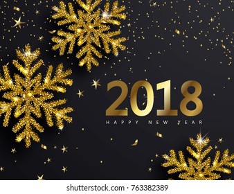 2018 Happy New Year. Elegant Background with Shining Gold Snowflakes. Vector illustration.