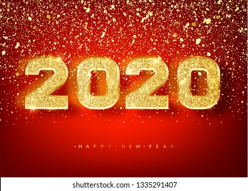 2018 Happy new year. Gold Numbers Design of greeting card of Falling Shiny confetti. Gold Shining Pattern. Happy New Year Banner with 2018 Numbers on red Bright Background. Vector 10 EPS