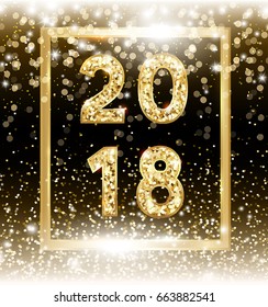 2018 Happy New Year gold glowing background with falling snow, lights, glitter and confetti. Vector magic Christmas shimmer effect backdrop for celebrate card design
