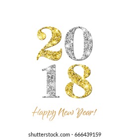 2018 Happy New Year with gold and silver glitter texture effect for holiday greeting card, invitation, calendar, poster or banner. Retro New Year number illustration.