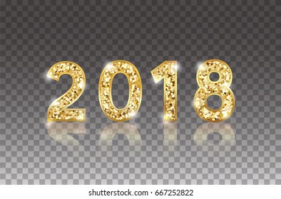 2018 Happy New Year gold glowing confetti lettering with lights isolated on transparent background. Vector magic Christmas shimmer effect backdrop for celebrate card design.