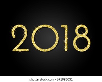 2018 Happy New Year gold glitter greeting card on black premium luxury background. Trendy creative shining or sparkling numbers and wish text for Christmas holiday vector poster design.