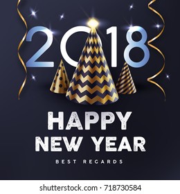 2018 Happy New Year with gold abstract Christmas tree and streamers vector poster. Christmas night background