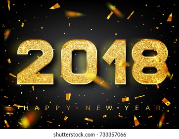 2018 Happy new year. Gold Numbers Design of greeting card of Falling Shiny Confetti. Gold Shining Pattern. Happy New Year Banner with 2018 Numbers on Bright Background. Vector illustration.