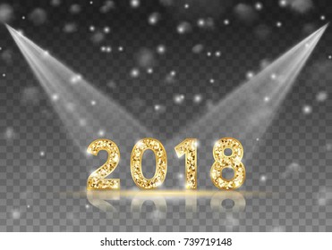 2018 Happy New Year gold glow confetti lettering with projector lights and snowfall isolated on transparent background. Vector Christmas snowflakes and spotlight beams effect for holiday card design.