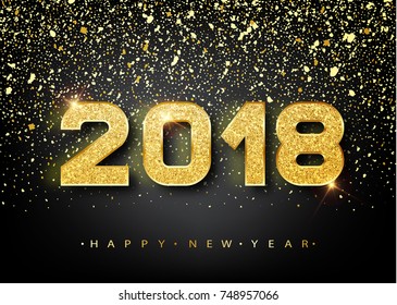 2018 Feliz año nuevo. Números de oro Diseño de tarjeta de felicitación. Patrón dorado brillante. Alegre cartel de Año Nuevo con números de 2018 en fondo brillante. Ilustración del vector