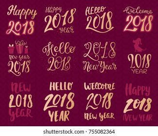2018 happy New Year gold text logo for holiday calendar print golden design or Christmas newborn yearly party illustration
