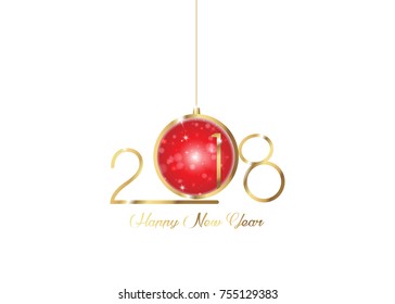2018 Happy New Year with gold texture whit red christmas ball, modern Background, vector isolated or white background, elements for calendar and greetings card or Christmas themed invitations