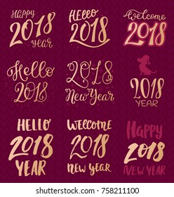 2018 happy New Year gold text logo for holiday calendar print golden design or Christmass newborn yearly party illustration