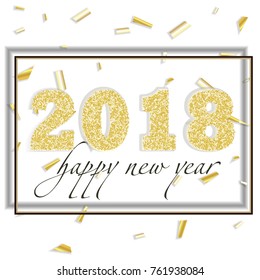 2018 Happy new year. Gold Numbers Design of greeting card of Falling Shiny Confetti.