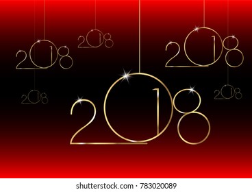 2018 Happy New Year with gold texture whit christmas ball, gold plated metal, vector isolated or black and red background 