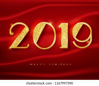 2018 Happy New Year greeting card with shining gold numbers. Vector illustration. Brochure design template, business diary cover