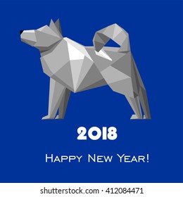 2018 Happy New Year greeting card. Celebration blue background with dog and place for your text. 2018 Chinese New Year of the dog. Vector Illustration