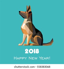 2018 Happy New Year greeting card. Celebration mint background with Dog German shepherd and place for your text. Year Of The Dog. Vector illustration