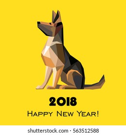 2018 Happy New Year greeting card. Celebration yellow background with Dog German shepherd and place for your text. 2018 Chinese New Year of the dog. Vector illustration