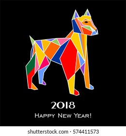 2018 Happy New Year greeting card. Celebration black background with dog and place for your text.  Vector Illustration