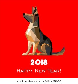 2018 Happy New Year greeting card. Celebration red background with Dog German shepherd and place for your text. Vector illustration