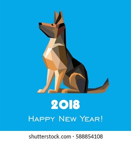 2018 Happy New Year greeting card. Celebration blue background with Dog German shepherd and place for your text. Vector illustration