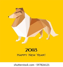 2018 Happy New Year greeting card. Celebration yellow background with Dog Rough Collie and place for your text. Vector illustration