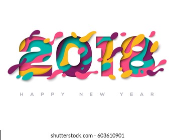 2018 Happy New Year greeting card with abstract paper cut shapes on white background. Vector illustration. Colorful 3D carving art