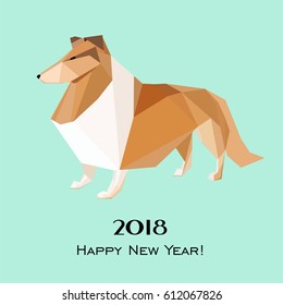 2018 Happy New Year greeting card. Celebration mint background with Dog Rough Collie and place for your text. Vector illustration
