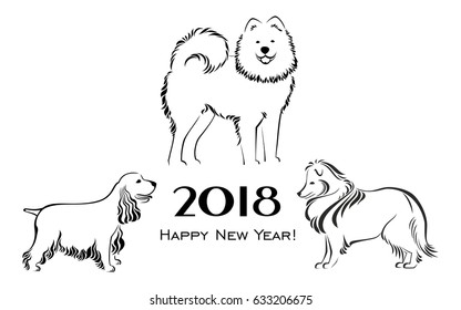 2018 Happy New Year greeting card. Celebration white background with dogs and place for your text. Vector Illustration