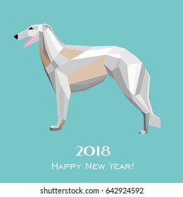 2018 Happy New Year greeting card. Celebration mint background with Russian Borzoi and place for your text. 2018 Chinese New Year of the dog. Vector illustration