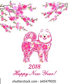 2018 Happy New Year greeting card. Celebration white background with dog, pink flower and place for your text. Vector illustration