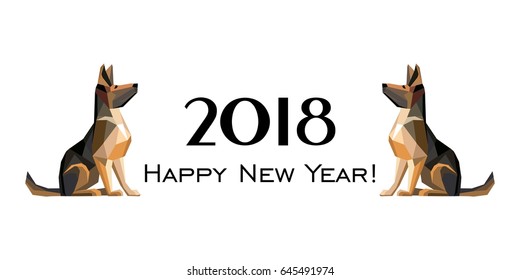 2018 Happy New Year greeting card. Celebration white background with Dog German shepherd and place for your text. 