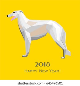 2018 Happy New Year greeting card. Celebration yellow background with Russian Borzoi and place for your text.Chinese New Year of the dog. Vector illustration