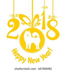 2018 Happy New Year greeting card. Celebration background with Christmas balls, dog and place for your text. Vector Illustration