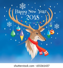 2018 Happy New Year greeting card with deer vector illustration