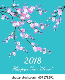 2018 Happy New Year greeting card. Celebration background with flowers and place for your text. Illustration