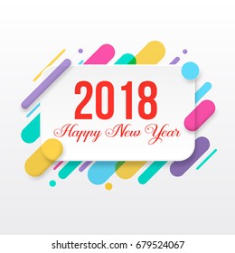 2018 Happy New Year greeting card with abstract colored rounded shapes lines in diagonal rhythm. For greeting card, poster, brochure or flyer template. Vector illustration.