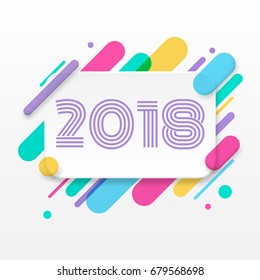 2018 Happy New Year greeting card with abstract colored rounded shapes lines in diagonal rhythm. For greeting card, poster, brochure or flyer template. Vector illustration.