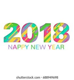 2018 Happy New Year greeting card with abstract colored rounded shapes lines in diagonal rhythm. For greeting card, poster, brochure or flyer template. Vector illustration.