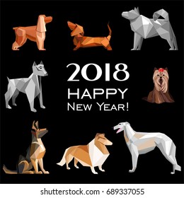 2018 Happy New Year greeting card. Celebration black background with Dogs and place for your text. 2018 Chinese New Year of the dog. Vector illustration