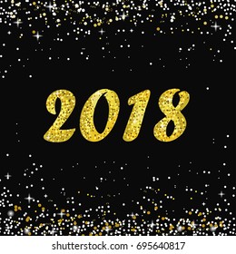 2018 Happy New Year greeting card template. Golden numbers and Glitter shimmering confetti and snowflakes. Vector illustration.