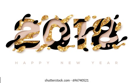 2018 Happy New Year greeting card with abstract gold and black shapes on white background. Vector illustration. Colorful 3D paper cut art. Glowing Christmas Backdrop