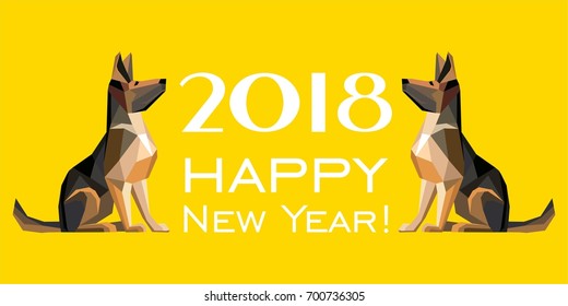 2018 Happy New Year greeting card. Celebration yellow background with Dog German shepherd and place for your text. Vector illustration