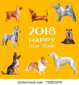 2018 Happy New Year greeting card. Celebration yellow background with Dogs and place for your text. 2018 Chinese New Year of the dog. Vector illustration