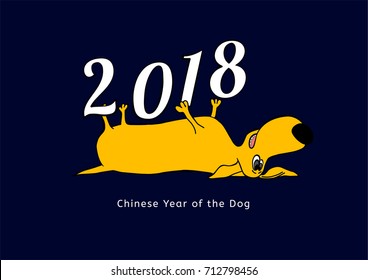 2018 Happy New Year greeting card. Yellow dachshund in cartoonish style with white figures on a dark blue background. Chinese New Year of the earth dog concept. Vector illustration