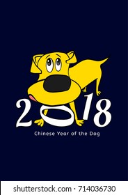 2018 Happy New Year greeting card. Yellow dachshund in cartoonish style with white figures on a dark blue background. Chinese New Year of the earth dog concept. Vector illustration
